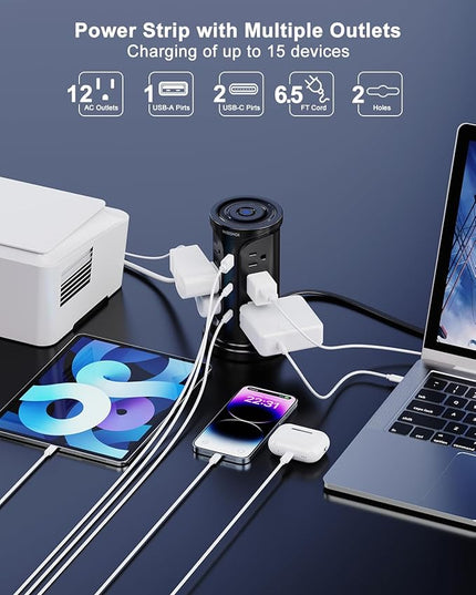 Tower Surge Protector Power Strip Flat Plug with 12 AC Outlets 3 USB Ports(2 Type C), 6.5 FT Ultra Flat Extension Cord with Multiple Outlets, Outlet Extender with Screw Wall Mount for Home Office Dorm