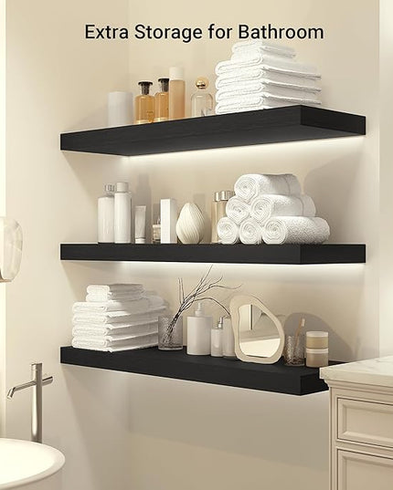 Heimlove 12 Inch Deep Floating Shelves, 55 x 12 inches Long Wall Shelf, Large Extra Display Shelf & Storage Shelf, Rustic Wood Wall Shelves for Fireplace Mantel, Set of 1(Black)