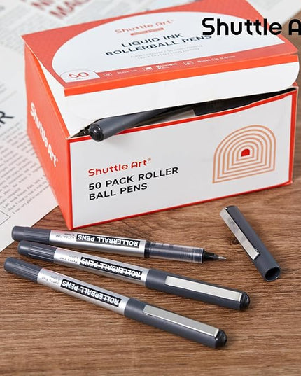 Shuttle Art RollerBall Pens, 50 Pack Black Fine Point Roller Ball Pens, 0.5mm Liquid Ink Pens for Writing Journaling Taking Notes School Office