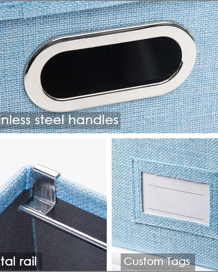 PRANDOM File Organizer Box - Set of 4 Collapsible Decorative Linen Filing Storage Hanging File Folders with Lids Office Cabinet Letter Size Blue (14x9.3x10.8 inch)