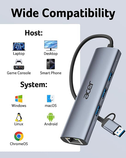 Acer USB to Ethernet Adapter, USBC Hub Ethernet 1Gbps with 3*USB 3.0, Aluminum Heat Dissipation, Driver Free, USB to Network Adapter for Windows 10, 8.1, Mac OS, Laptop, MacBook Pro, iPad, XPS, etc