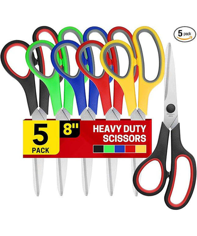5-Pack, 8" Scissors All Purpose Comfort-Grip Handles Sharp Scissors for Office Home School Craft Sewing Fabric Supplies, High/Middle School Student Teacher Scissor, Right/Left Handed