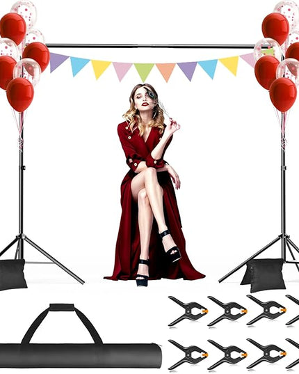 Backdrop Stand, 10x7ft(WxH) Photo Background Stand Adjustable Support Kit with 2 Crossbars, 8 Backdrop Clamps, 2 Sandbags and Carrying Bag for Parties Photography Wedding Decoration