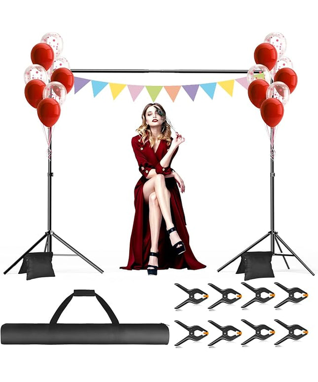 Backdrop Stand, 10x7ft(WxH) Photo Background Stand Adjustable Support Kit with 2 Crossbars, 8 Backdrop Clamps, 2 Sandbags and Carrying Bag for Parties Photography Wedding Decoration