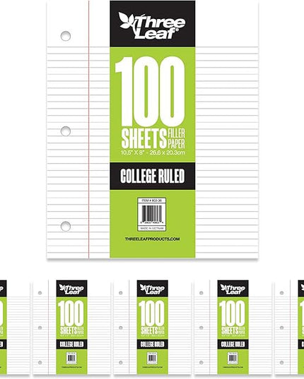 THREE LEAF 100 SHEETS COLLEGE RULED FILLER PAPER, PACK OF 6, LOOSE-LEAF SHEETS FOR SCHOOL AND OFFICE 100 CT. FILLER PAPER, NOTEBOOK PAPER