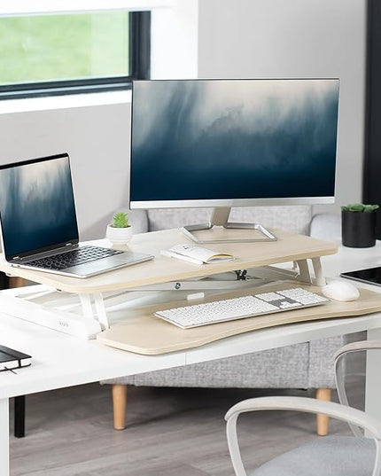VIVO 32 inch Desk Converter, K Series, Height Adjustable Sit to Stand Riser, Dual Monitor and Laptop Workstation with Wide Keyboard Tray, Light Wood Top, White Frame, DESK-V000KF