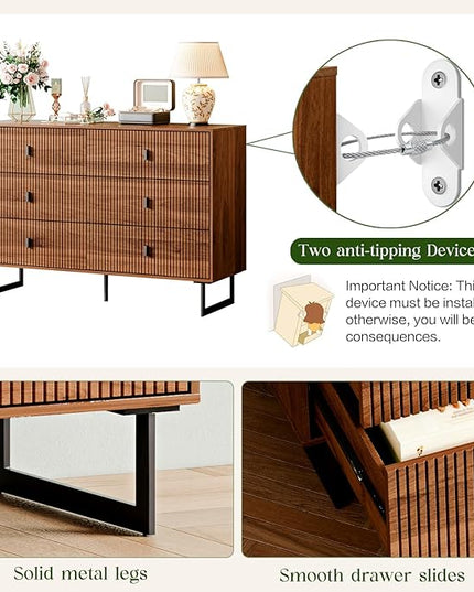 Chrangmay Modern Chest of Drawers with 6 Drawers,Deep Drawers,Clothes Organizer,Large Storage Cabinet for Living Room, Bedroom,Hallway,with Anti-Tipping Device,Brown