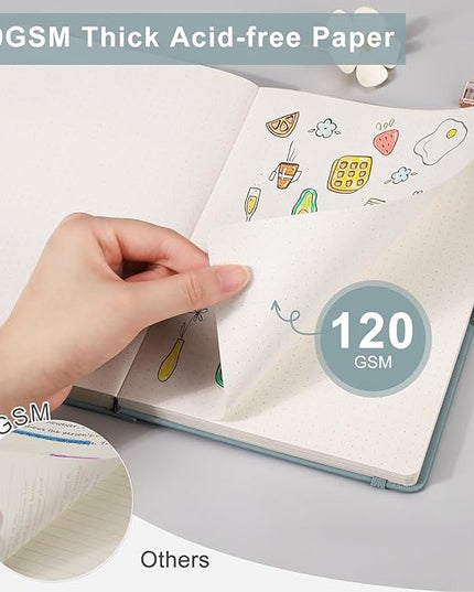 EMSHOI Dotted Notebook - 256 Pages A5 Dotted Grid Journal Notebook,120gsm Thick Paper,16 Perforated Pages, Smooth PU Leather, Inner Pocket,5.75'' × 8.38''-GrayBlue
