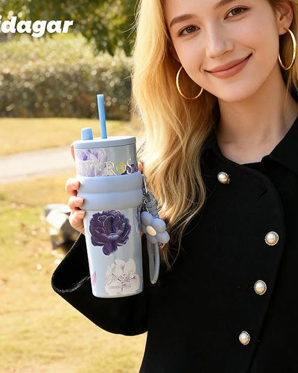 24 oz Stainless Steel Tumbler with Lid and Straw, Insulated Coffee Mug, Leak Proof, Portable Iced Travel Water Bottle, Reusable Thermal Coffee Cup, Floral Blue
