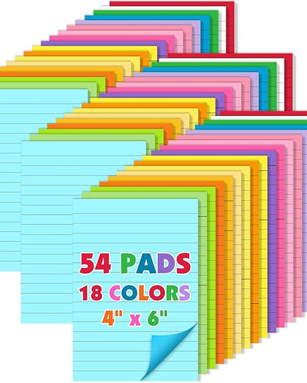 54 Pads Lined Sticky Notes, 18 Colors 4in x 6in Self Stick Note Pads, Strong Adhesive Sticky Note with Lines, Large Sticky Notes for School, Home, Office, 24 Sheets/Pad