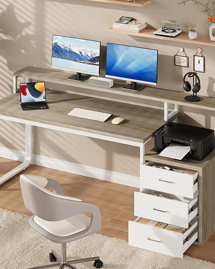Office Desk with 3 Drawers, 67 Inch Computer Desk with Long Monitor Stand & Printer Shelf, Reversible Long Desk with Storage Shelves & LED Light, White and Walnut