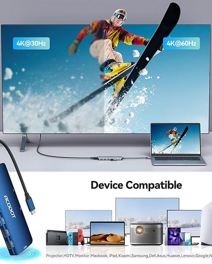 Acodot 9 in 1 USB C to 4K@60HZ HDMI Multiport Adapter, 3 USB 3.0 Ports, SD/TF Card Reader, 100W PD, Designed for MacBook Pro Air HP XPS etc, Blue