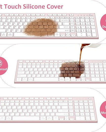 Wireless Keyboard and Mouse, GALENMORO Silent Quiet Combo Low Profile USB C Full Size Compact with Number Pad Flat Soft Touch Cordless for Mac Computer PC Laptop MacBook iMac Office - Pink Rose Gold