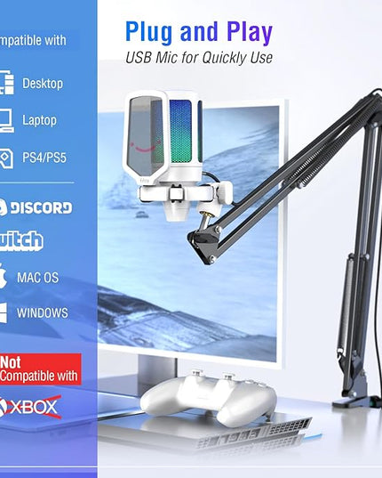 FIFINE Streaming Gaming USB Microphone Kit, PC Condenser RGB Mic Compatible with PS4/PS5, Plug and Play for Music Recording, Online Game, Discord, Twitch, with Pop Filter, Shock Mount-A6T White