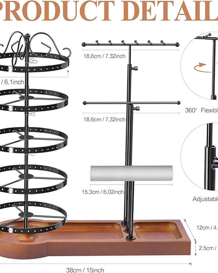 KALYLOC Jewelry Earring Holder Organizer, Adjustable 5 Tiers Rotating Earring Holder 3 Tier Necklace Holder with Wooden Base, Multi-Functional Jewelry Organizer Display Stand for Studs Bracelet Women