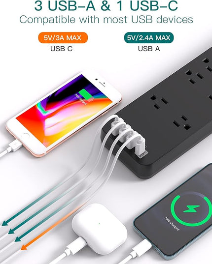 12FT Long Power Strip Surge Protector, Addtam Surge Protector with 10 Outlets and 4 USB Ports, Extension Cord with Flat Plug, 2700 Joules, ETL Listed, Black