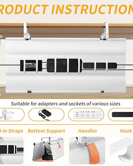 No Drill Under Desk Cable Management Tray, 36" Cord Organizer with Clamp, Fabric Cable Management for Standing Desks, Ideal for Home & Office - White