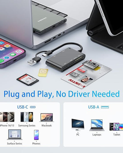 SIM Card Adapter, CAC Smart Card Reader Military, 6-in-1 USB C/USB A Multi-Card Adapter for SIM, CAC, ID, SD/TF, M2, Memory Stick – Compatible with Windows, Mac, Linux (USB A + USB C)