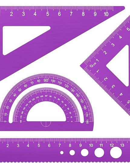 Honagu Triangular Ruler Set, 4 Pieces Aluminum Alloy Ruler, Metal Drafting Ruler, Geometric Protractor for Students, Draftsmen, Engineers, School Office Supplies (Purple)