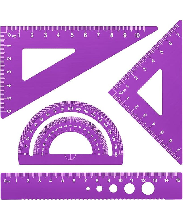 Honagu Triangular Ruler Set, 4 Pieces Aluminum Alloy Ruler, Metal Drafting Ruler, Geometric Protractor for Students, Draftsmen, Engineers, School Office Supplies (Purple)