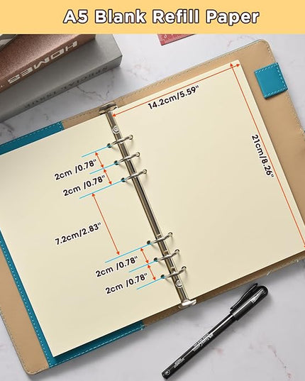 A5 6-Hole Blank Loose-Leaf Paper, Beige – Refill Pages for Standard A5 6-Ring Binder, Journals, Planners – Ideal for Office, Study, Recipes, Travel & Budgeting – Pack of 2 (80 Sheets per Pack)