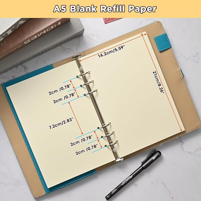 A5 6-Hole Blank Loose-Leaf Paper, Beige – Refill Pages for Standard A5 6-Ring Binder, Journals, Planners – Writes both sides – no bleed-through – 80 Sheets