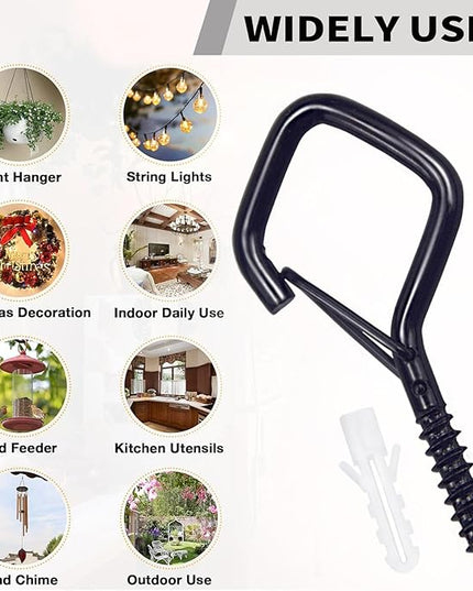 Sexoeie 10PCS Eye Screw Hooks for Hanging Heavy Duty with Safety Buckle.Metal Ceiling Hooks for Hanging Plants,Cup,Wind Chime,Bird Feeders,String Lights at Indoor&Outdoor,2.36 Inches Black