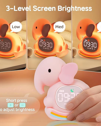 Alarm Clock for Kids with Night Light, Sleep Training Clock Time to Wake Clock, Rechargeable Silicone Light for Bedroom, Perfect Sleep Companion for Boys Girls, Pink Elephant