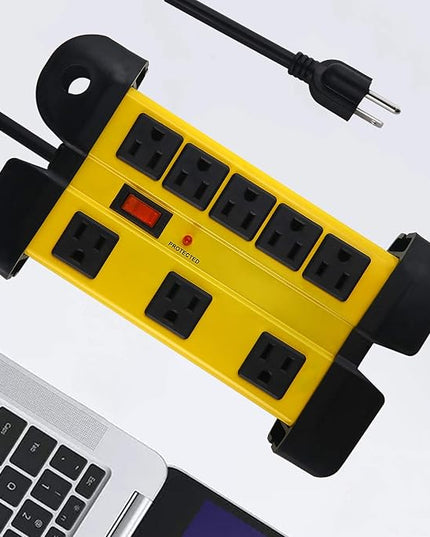 Heavy Duty Surge Protector for Appliances, 8 Outlet Workshop Power Strip with 1200 Joules, Metal with 10 FT Extension Cord and Wide Spaced. Yellow