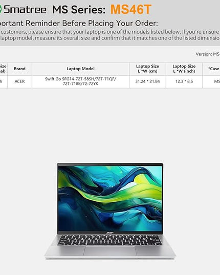 Smatree MS46T Hard EVA Protective Sleeve Case with Stand Compatible for 14 inch Acer Swift Go SFG14-72T-58SH/SFG14-72T-71QF/SFG14-72T-718K/SFG14-72-72YK Laptop Waterproof Slim Sleeve Bag