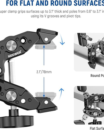 NEEWER Heavy Duty Super Clamp with Two 360° Dual Ball Head Magic Arms, 1/4" 3/8" Screw Threads, Phone & Action Camera Mount Adapter for Flat/Round Surface Compatible with GoPro DJI Insta360 DSLR