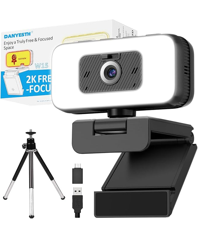 Danyesth 2K Webcam for Laptop, Computer Camera with Light for PC/Desktop/Mac [Light Your Face, Free Your Space] USB Webcam with Auto Anti-Disturb Backlight, Zoom & Flip, Privacy Cover, Microphone