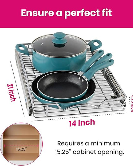 HOLDN’ STORAGE Pull Out Cabinet Organizer, Heavy Duty Caddy w/Lifetime Limited Warranty -14”W x 21”D - Requires At Least 15-1/4” Cabinet Opening, Steel Metal Cabinet Drawers Slide Out, Chrome
