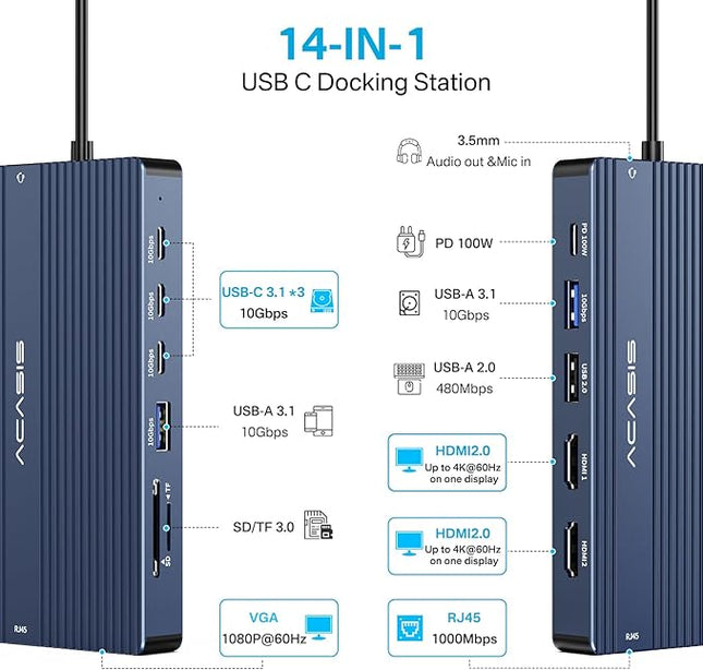 USB C Docking Station Dual HDMI Monitor, Laptop Docking Station 3 Monitors, 2 * 4K HDMI+1080p VGA+100W PD+Ethernet+3 USBC 10Gbps+SD/TF+Audio Adapter, USB C Hub for Dell/Lenovo/HP/ThinkPad