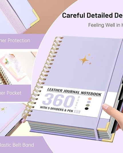 FLYING EAGLE Leather Spiral Notebooks for Work 5 Subject Notebook College Ruled with Dividers Pen, 360 Pages B5 Hardcover Lined Journals for Women Men Writing,Purple