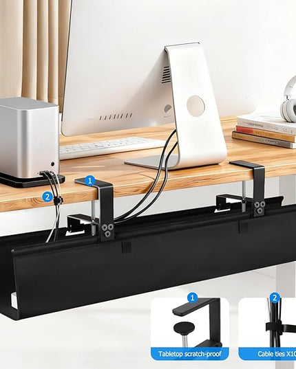 Under Desk Cable Management Tray - Heavy Duty No-Drill Clamp & Screw Mount, 28-Inch Cord Organizer for Home Office, Gaming Setup & Study Room, Holds Power Strip & Large Adapters (Black, 28"L x 5.5"W)