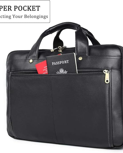 Augus Leather Briefcase for Men Business Travel Messenger Bags 15.6 Inch Laptop Bag, Black