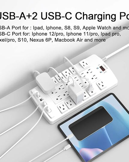 Surge Protector Power Strip - QINLIANF 20Ft Flat Plug Heavy Duty Extension Cord with 24 Outlets and 4 USB Ports(2 USB-C Ports), 1875W/15A, 4100J, for Home, Office, Dorm, ETL Listed, White