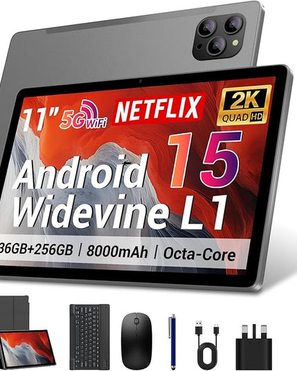 DEZLTID 2025 Android 15 Tablet 11 Inch with Keyboard Stylus Mouse: 2K IPS Tablette (2000x1200) 丨Widevine L1,36GB+256GB(1TB TF), 5G/2.4G WiFi, 8-Core, 8000mAh,8+13MP, AnTuTu 255K丨GMS丨FCC丨CE- Gray