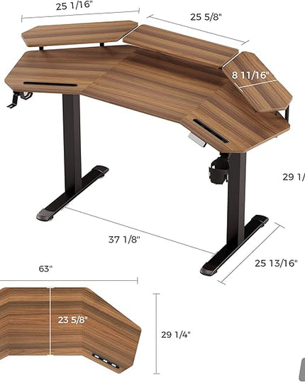 EUREKA ERGONOMIC Standing Gaming Desk with Dual Motor,63" Wing Shaped Computer Desk w Mouse Pad, Electric Adjustable Height Table w LED Monitor Stands,Slot Design,Walnut
