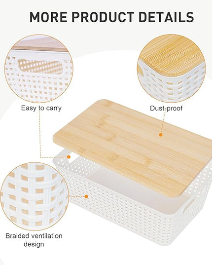 Storage Bins with Lids 8 Packs, Plastic Storage Bins with Bamboo Lids for Pantry Organization and Storage Containers for Shelves Drawers Desktop Closet Playroom Classroom Office Home, White