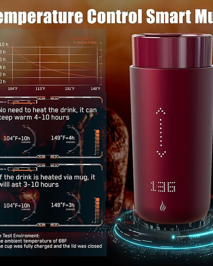 LEGARDLILIU Temperature Control Heated Coffee Mug Smart Self Heating Travel Mug 12 Oz App Controlled Warmer Mug 4-10 Hour LED Display Keep Coffee Hot Fast Wireless Charger Base Rogue red