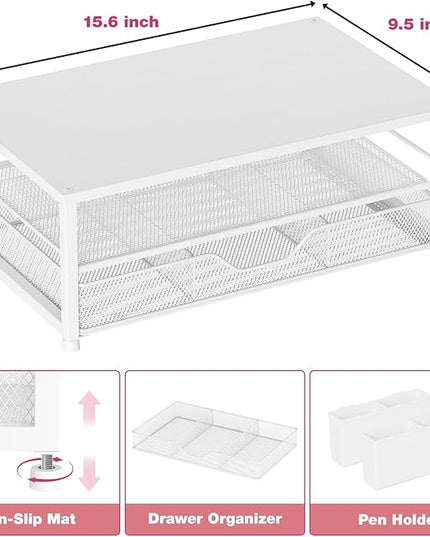 OPNICE Desk Organizers and Accessories, 2-Tier Computer Monitor Stand Riser with Drawer and 2 Pen Holders, Laptop Stand, Office Desk Accessories for Office Supplies, White Wood