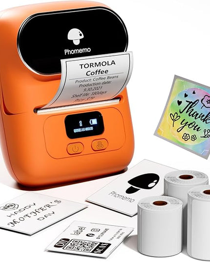 Phomemo M110 Label Maker- Mini Portable Bluetooth Thermal Label Printer for Clear Label, Barcode, Clothing, Office, Business, Compatible with Android & iOS, Orange