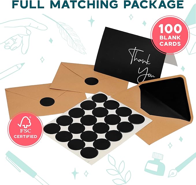 VNS Creations Thank You Cards With Envelopes Bulk Set & Stickers - 100 Pack 4x6 Blank Thank You Notes Bulk Box Set - Large Note Card Small Business, Wedding, Baby Shower & Bridal Shower - Black