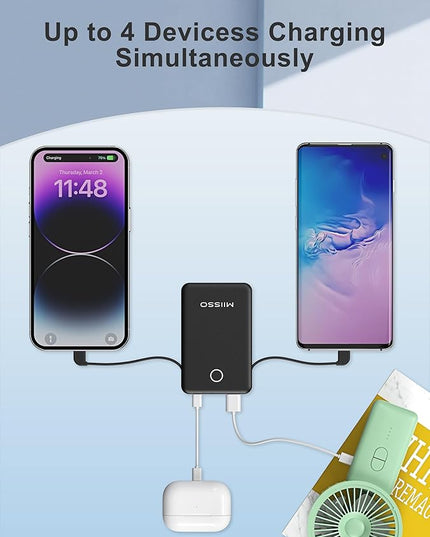 miisso 6000mah Ultra Slim Built in Cables Power Bank, Card Size Built in USB C Cords Battery Pack Portable Charger for Phones, 3 Output External Battery Pack Compatible with iPhone, Deep Black