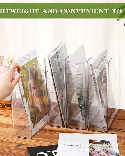 6 Pcs Clear Acrylic Magazine File Holder Plastic Desk Organizer with Handle Basics Vertical Magazine Rack Desk Folder Document Storage Organizer for Home Office School Work Study Desktop Supplies