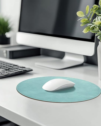 Mouse Pad，Round Mouse Pad，PU Mouse Pad，Leather Mouse Pad with Stitched Edge Micro-Fiber Base with Non-Slip Waterproof，Mouse Pad for Computers，Laptop，9 x 9 Inch (Light Blue)