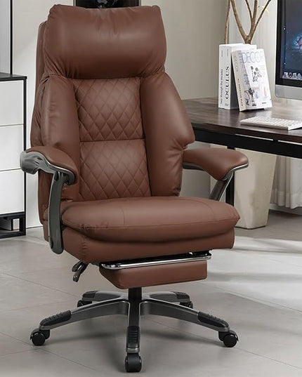 Leather Office Chair with Footrest, Reclining Desk Massage Chair with 3-Speed Cooling Seat (Ventilation) & Heated Lumbar, Big & Tall 400 lbs, Light Coffee