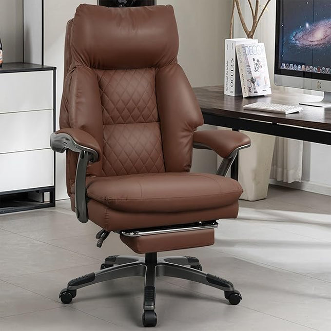 Leather Office Chair with Footrest, Reclining Desk Massage Chair with 3-Speed Cooling Seat (Ventilation) & Heated Lumbar, Big & Tall 400 lbs, Light Coffee